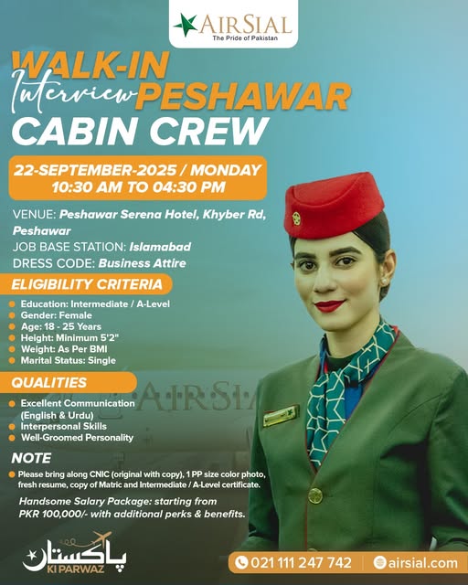 AirSial Cabin Crew Jobs 2025 – Walk-in Interviews Announced in This September